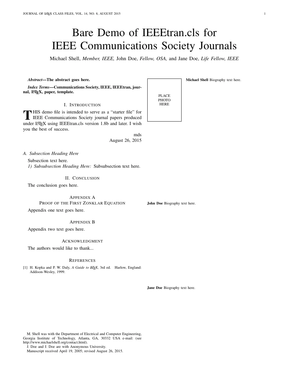 IEEE Communications Society journal template — compiled original page 1